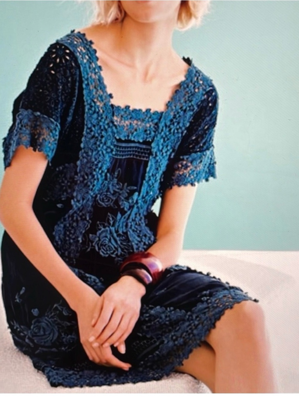 Johnny Was Rose Garden Embroidered Dress Navy Crochet Lace XS